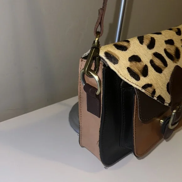 Leopard Hide and Leather Crossbody Satchel Purse - Picture 5 of 12
